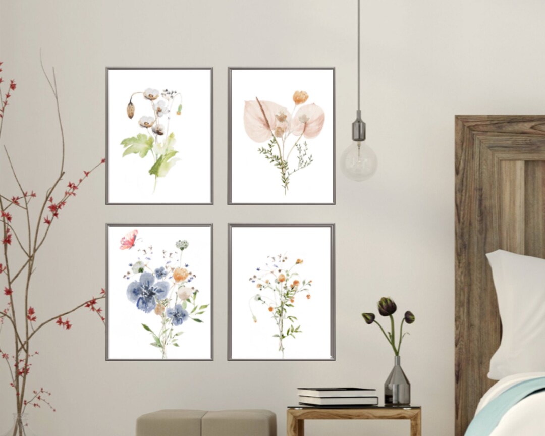 Botanical Prints Set of 4, Floral Wall Art, Wild Flower Print Set ...