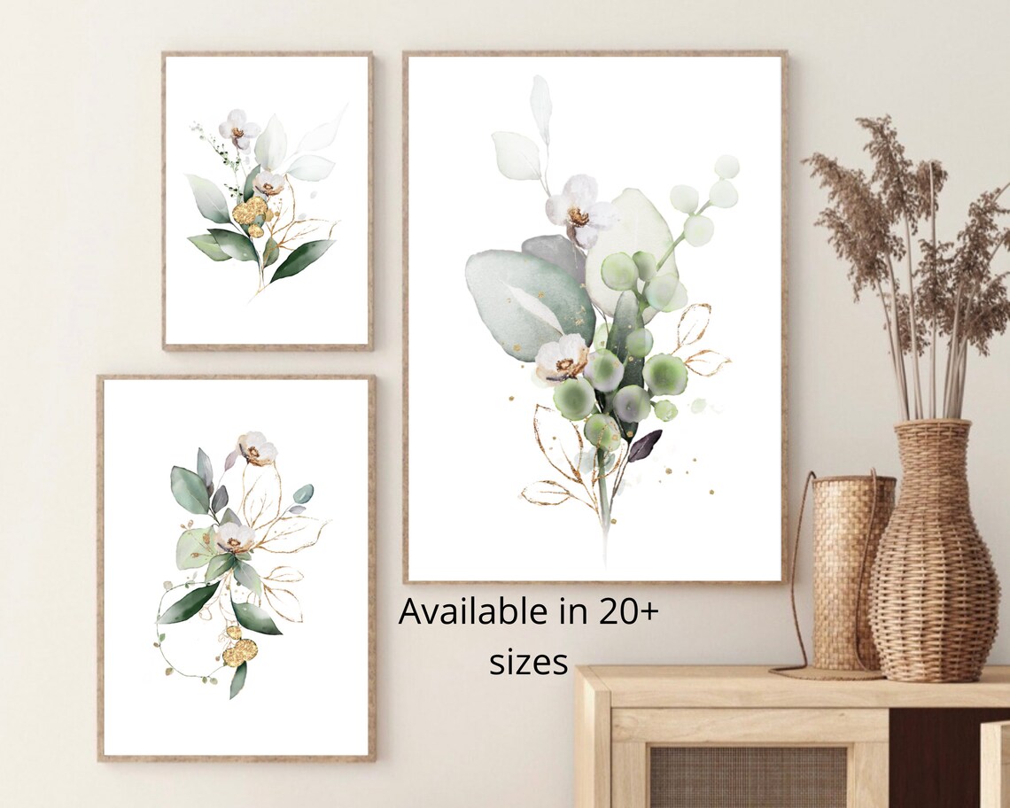 Botanical Prints Set of 3, Botanical Wall Art, Green and Gold ...