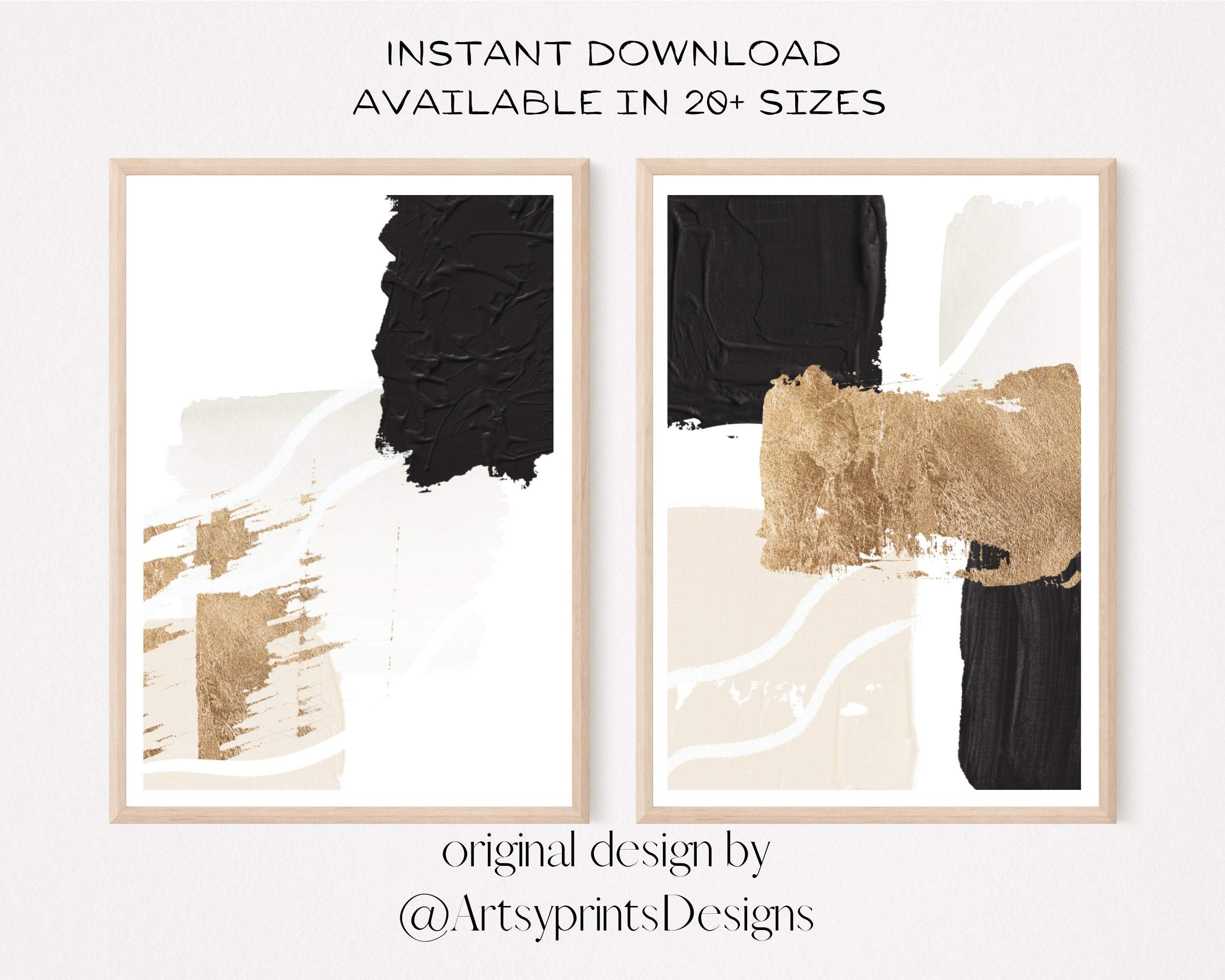 Abstract Wall Art, Buff Black Gold Minimalist Shapes, 2 Piece Printable ...