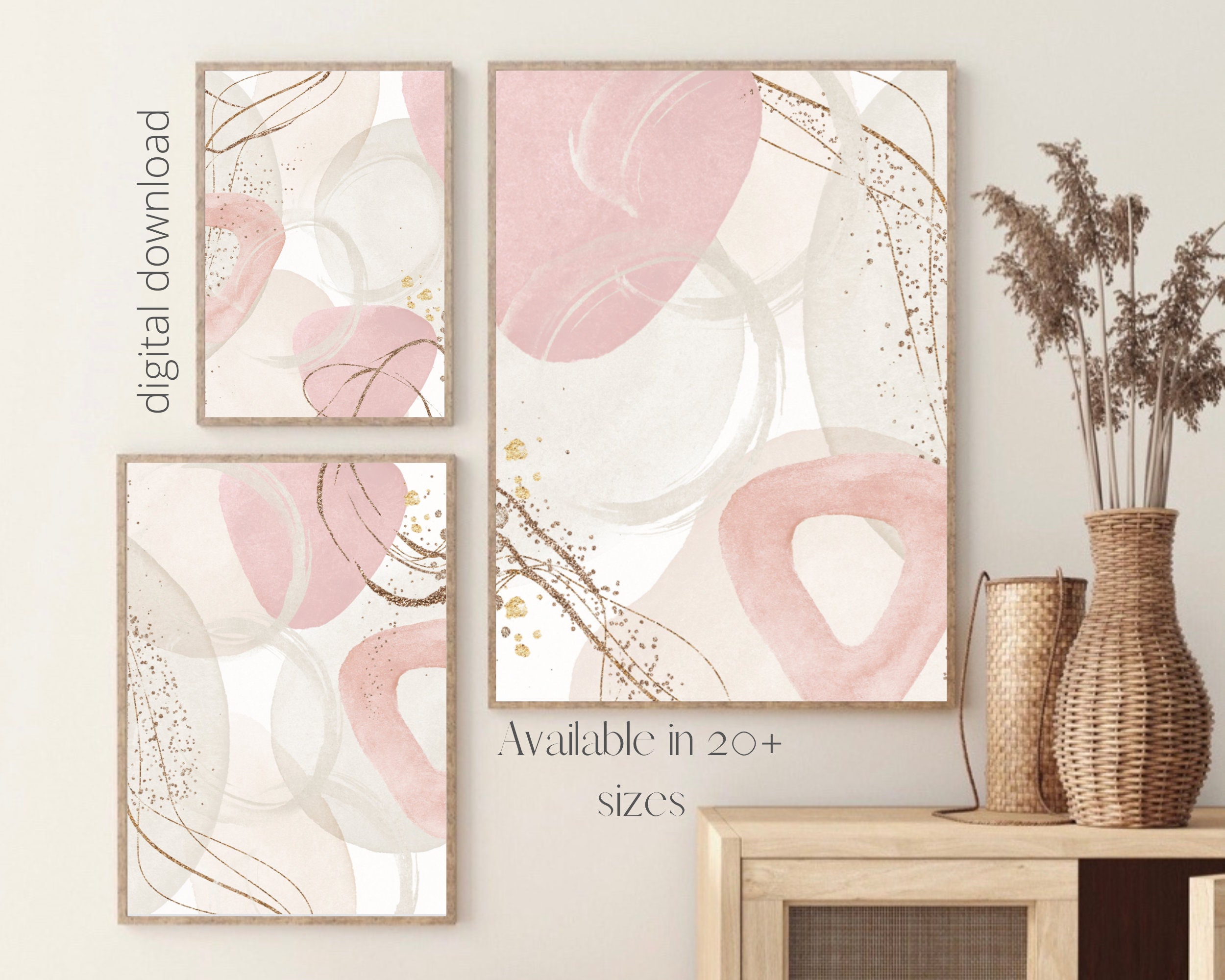 Pink Printable Wall Art, Modern Abstract Art Print Set of 3, Minimalist ...