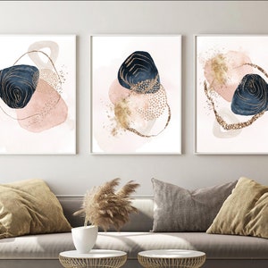 Abstract Wall Art, Watercolour Shapes Printable Wall Art, Navy Pink Gold  Set of 3 Prints, Geometric Print Set