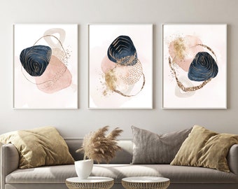 Abstract Wall Art, Watercolour Shapes Printable Wall Art, Navy Pink Gold  Set of 3 Prints, Geometric Print Set