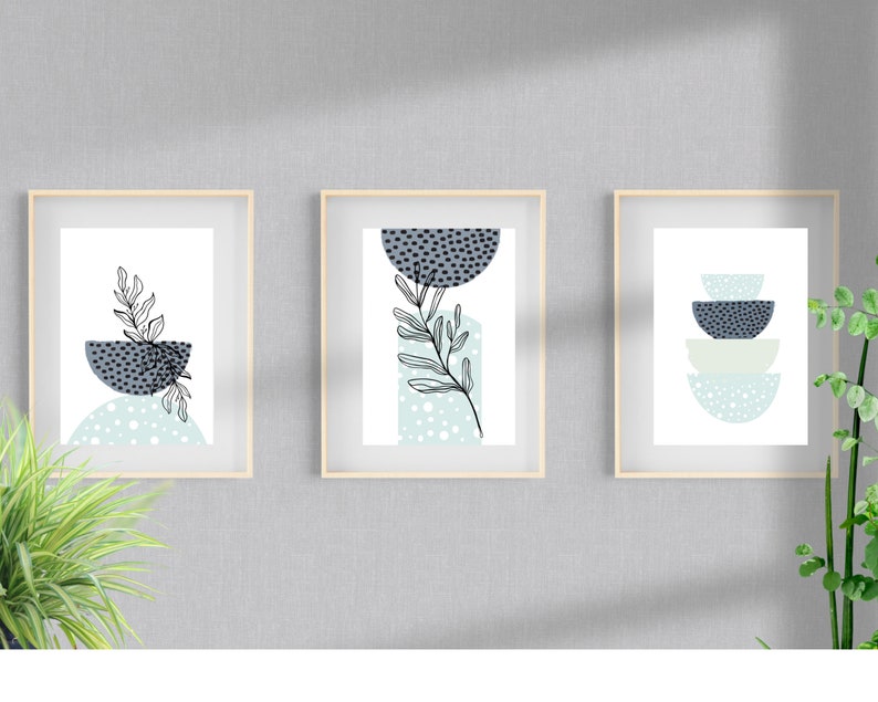 Blue Abstract Art Set of 3 Mid Century Modern Art Gallery Etsy