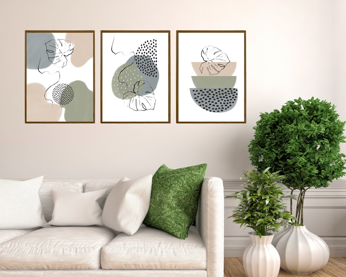 Abstract Wall Art Set of 3 Sage Green and Beige Geometric - Etsy