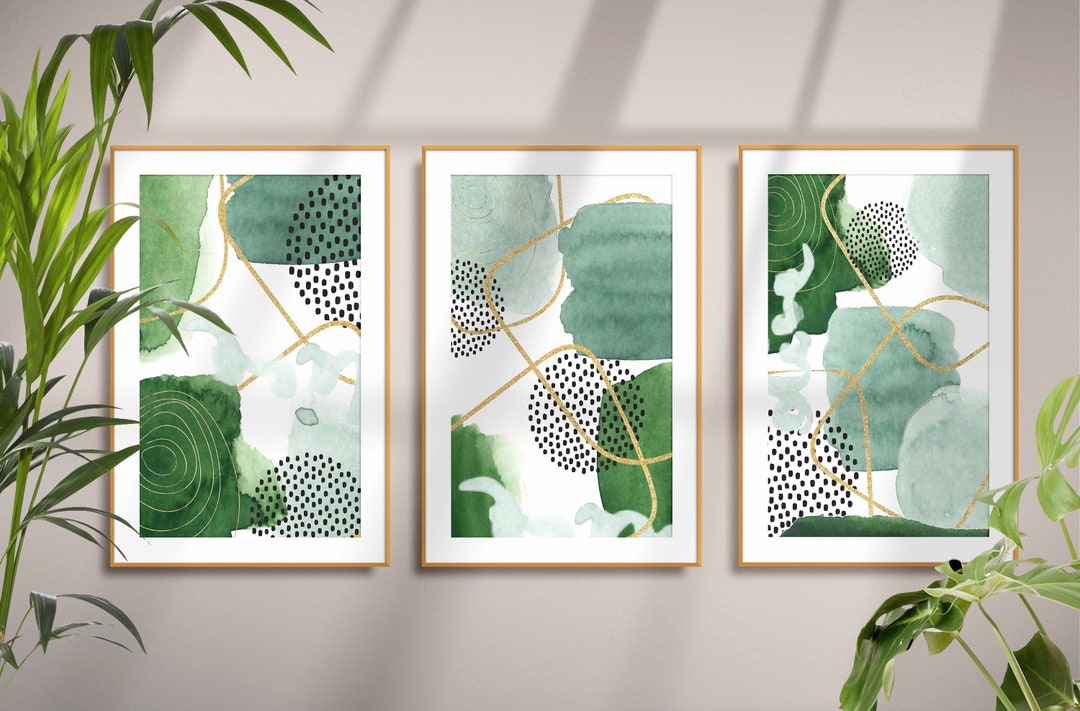 Abstract Wall Art, Green and Gold Set of 3 Watercolour Shapes Printable Wall Art, Living Room