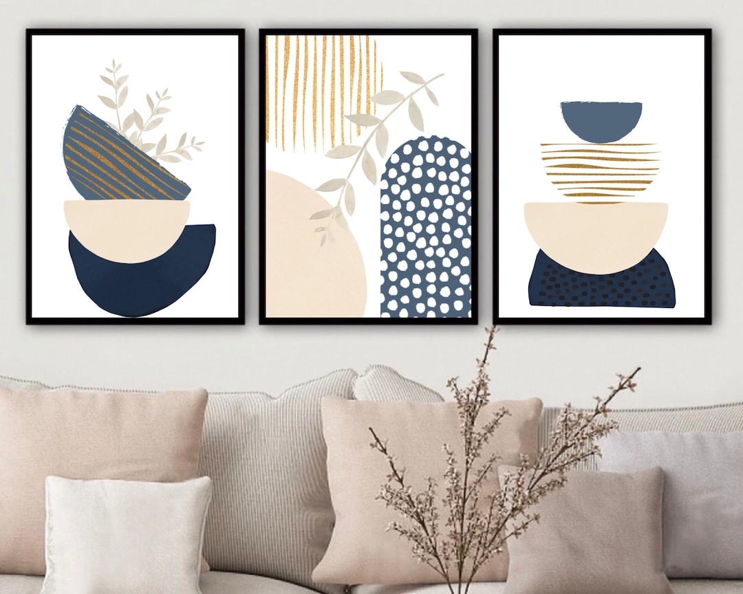 Boho Art Set of 3 Prints, Boho Wall Art, Navy Blue Beige Abstract ...