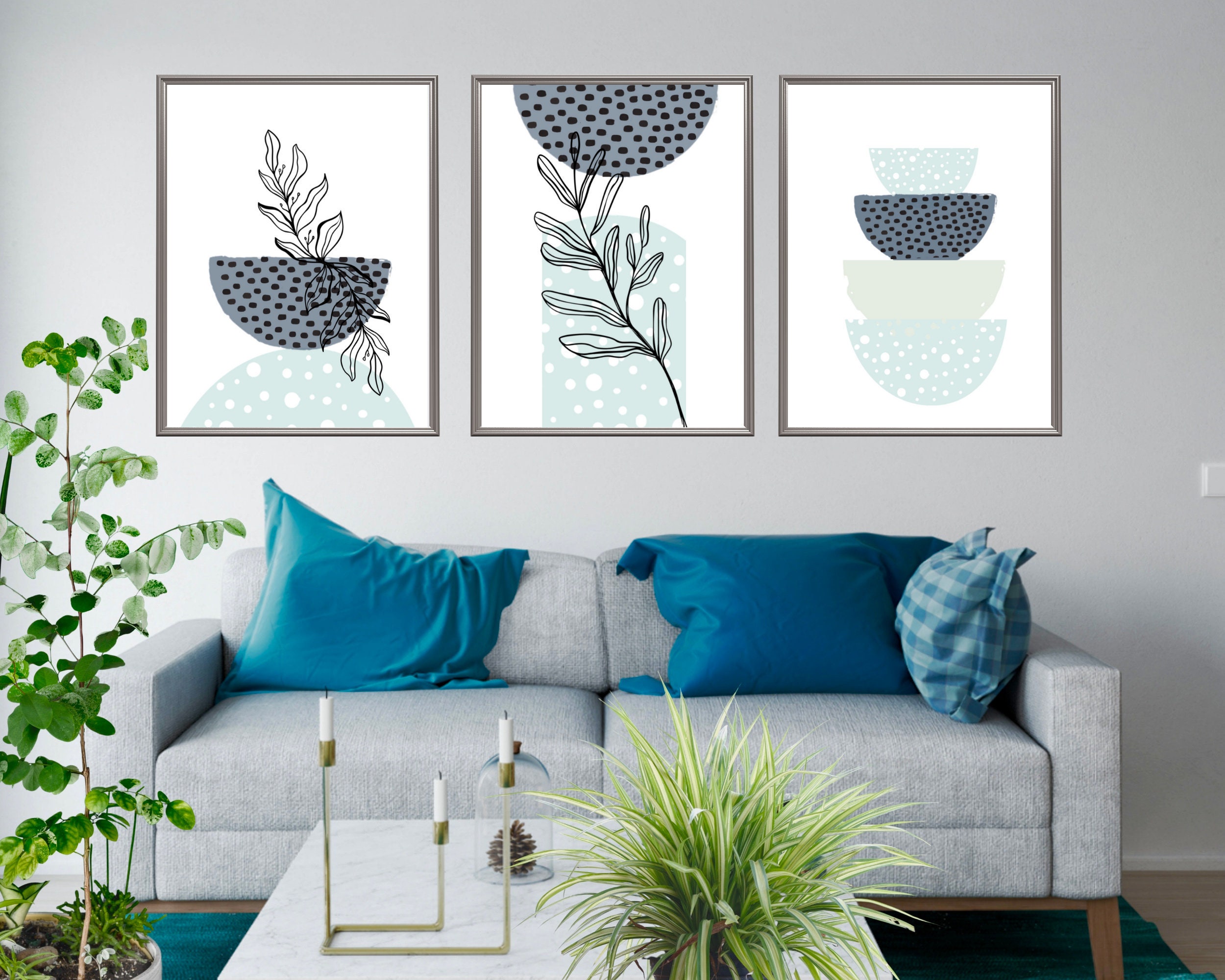 Blue Black Abstract Wall Art Set of 3 Watercolor Shapes Etsy