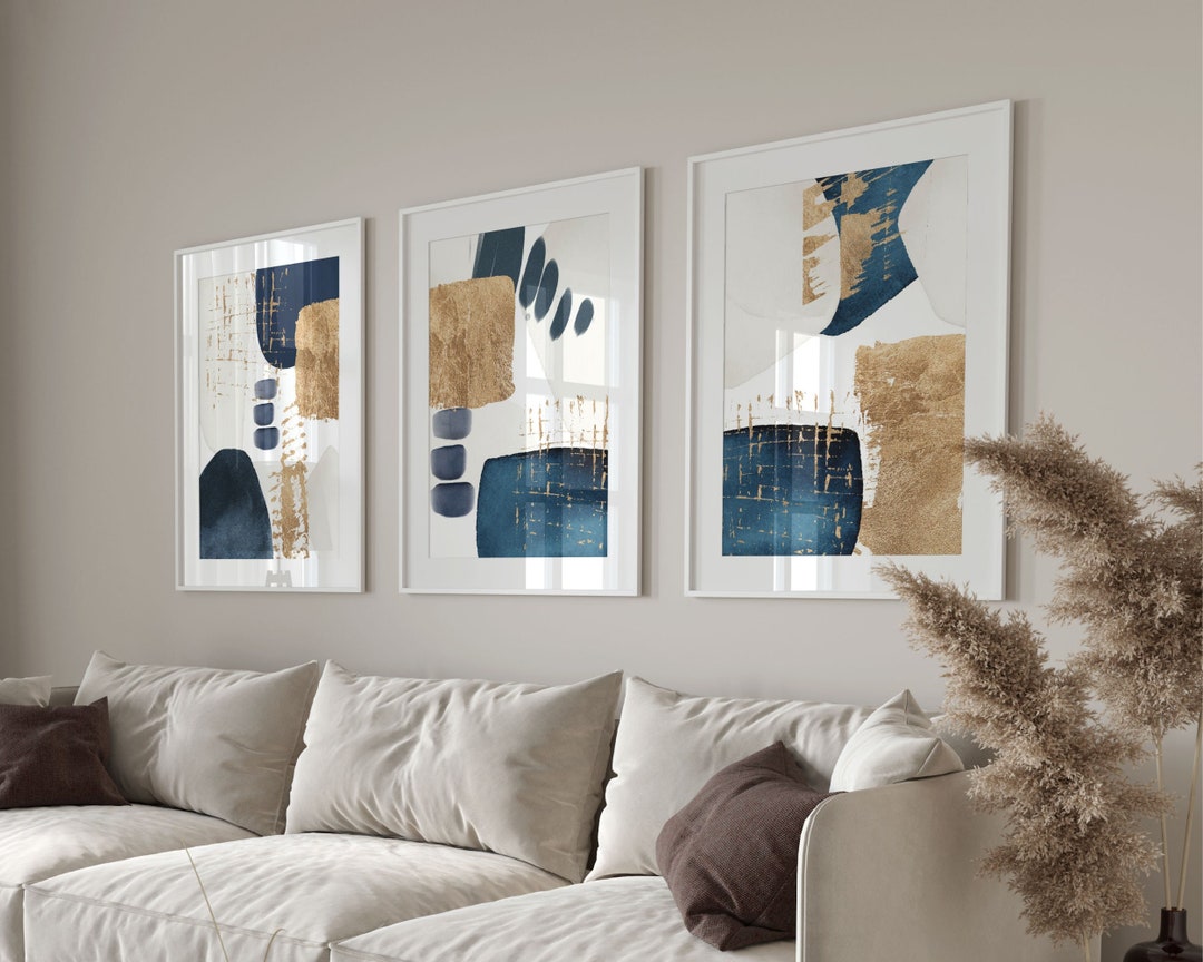 Set of 3 Navy Blue and Gold Wall Art Prints, Modern Geometric Abstract