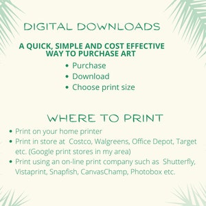 May include: An advertisement for digital art prints, featuring green text on a cream background. The text details the process: Purchase, Download, and Choose print size. It also lists options for printing, including home printers and online services.