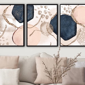 Abstract Wall Art, Navy Pink and Gold Watercolour Abstract Shapes, Geometric Living Room Prints, Set of 3 Office Wall Decor