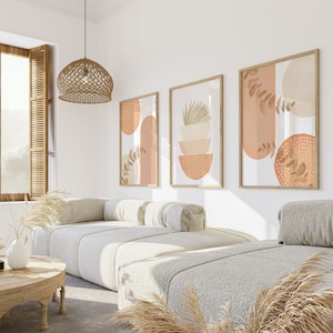 Boho Printable Wall Art, Modern Nordic Peach Set of 3 Prints, Minimalist Living Room Wall Decor, Apricot Peach Art Shapes Hallway Print image 2