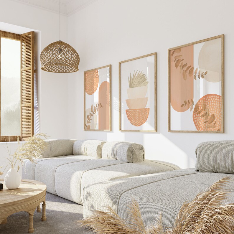 Boho Printable Wall Art, Modern Nordic Peach Set of 3 Prints, Minimalist Living Room Wall Decor, Apricot Peach Art Shapes Hallway Print image 2
