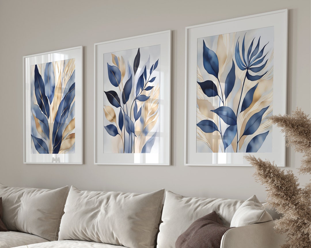Blue Botanical Prints Set of 3, Abstract Printable Wall Art, Modern ...