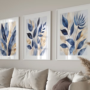 Set di 3 stampe botaniche blu, stampe artistiche astratte da parete, decorazioni da parete moderne per il soggiorno, poster con foglie blu per la camera da letto, stampe per il corridoio.