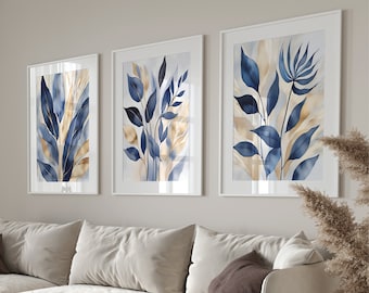 Ensemble de 3 impressions botaniques bleues, art mural abstrait imprimable, décoration murale moderne pour salon, affiche de chambre à coucher feuilles bleues, impression de couloir.