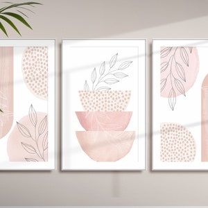Boho Printable Wall Art, Modern Nordic Pink Set of 3 Prints, Minimalist Living Room Wall Decor, Blush Pink Art Shapes Hallway Print