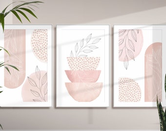 Boho Printable Wall Art, Modern Nordic Pink Set of 3 Prints, Minimalist Living Room Wall Decor, Blush Pink Art Shapes Hallway Print