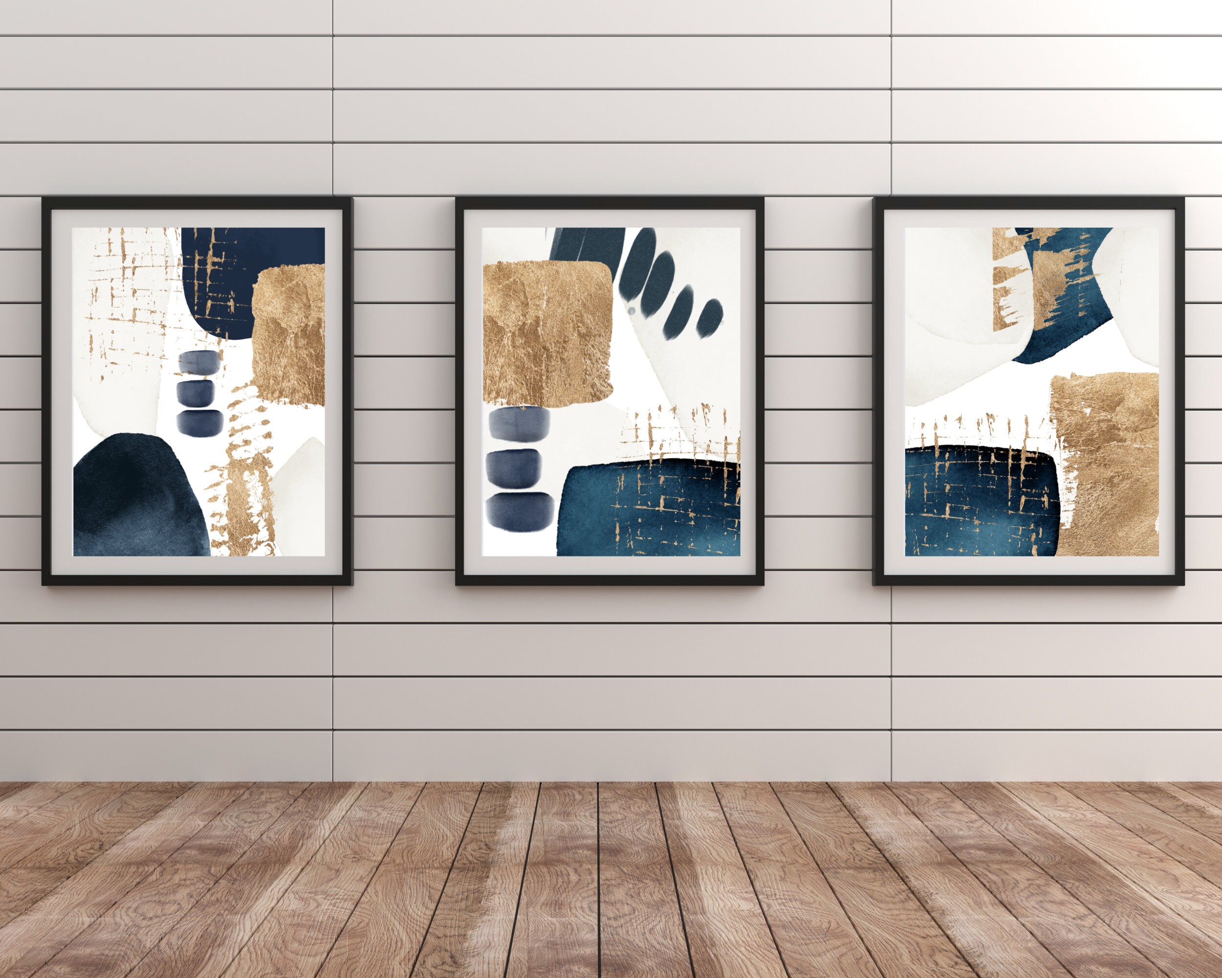 Set of 3 Navy Blue and Gold Wall Art Prints, Modern Geometric Abstract ...