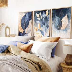 Blue Botanical Print Set of 3, Abstract Printable Wall Art, Modern Living Room Wall Decor, Navy Gold Leaves Bedroom Poster, Hallway Print.
