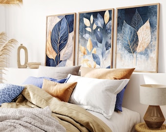 Blauer botanischer Druck 3er-Set, abstrakte druckbare Wandkunst, modernes Wohnzimmer-Wanddekor, marineblaue Goldblätter Schlafzimmer-Poster, Flurdruck.