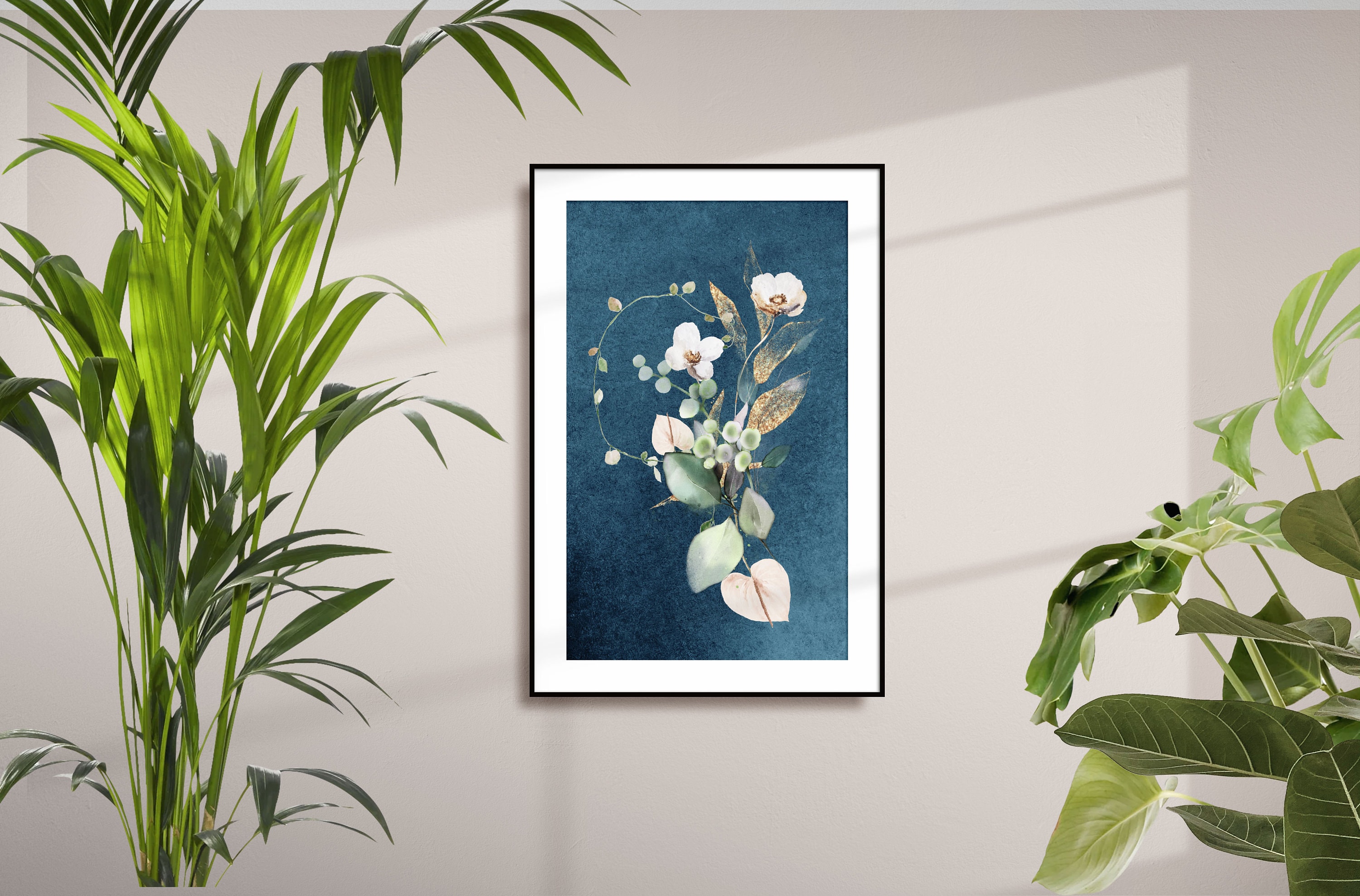 Abstract Wall Art, Blue Botanical Print Set of 2, Navy Blue Floral Wall ...