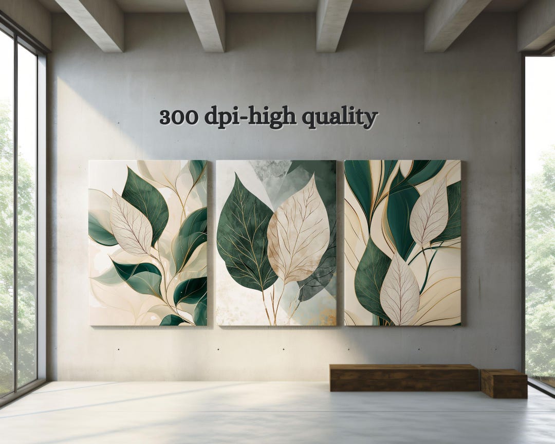 Green Print Set of 3, Green Leaves Botanical Printable Wall Art ...