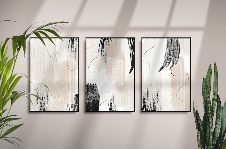 Impresiones abstractas, pintura acrílica beige crema negra, juego de arte de pared imprimible de 3, decoración de pared de sala de estar neutra, arte de oficina en casa imagen 2