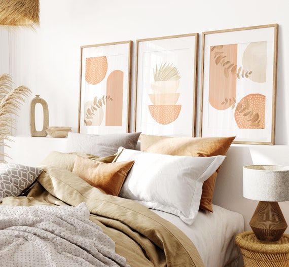 Boho Printable Wall Art, Modern Nordic Peach Set of 3 Prints, Minimalist Living Room Wall Decor, Apricot Peach Art Shapes Hallway Print