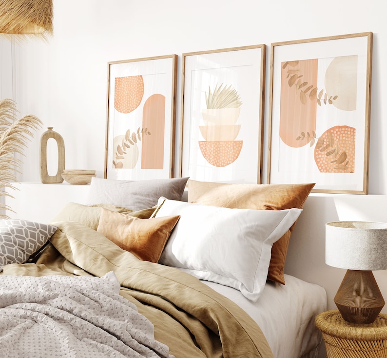 Boho Printable Wall Art, Modern Nordic Peach Set of 3 Prints, Minimalist Living Room Wall Decor, Apricot Peach Art Shapes Hallway Print image 1