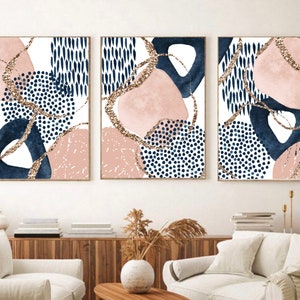 Abstract Wall Art, Pink Navy Gold Watercolour Shapes Printable Wall Art, Set of 3 Geometric Hallway Prints, Living Room Wall Decor