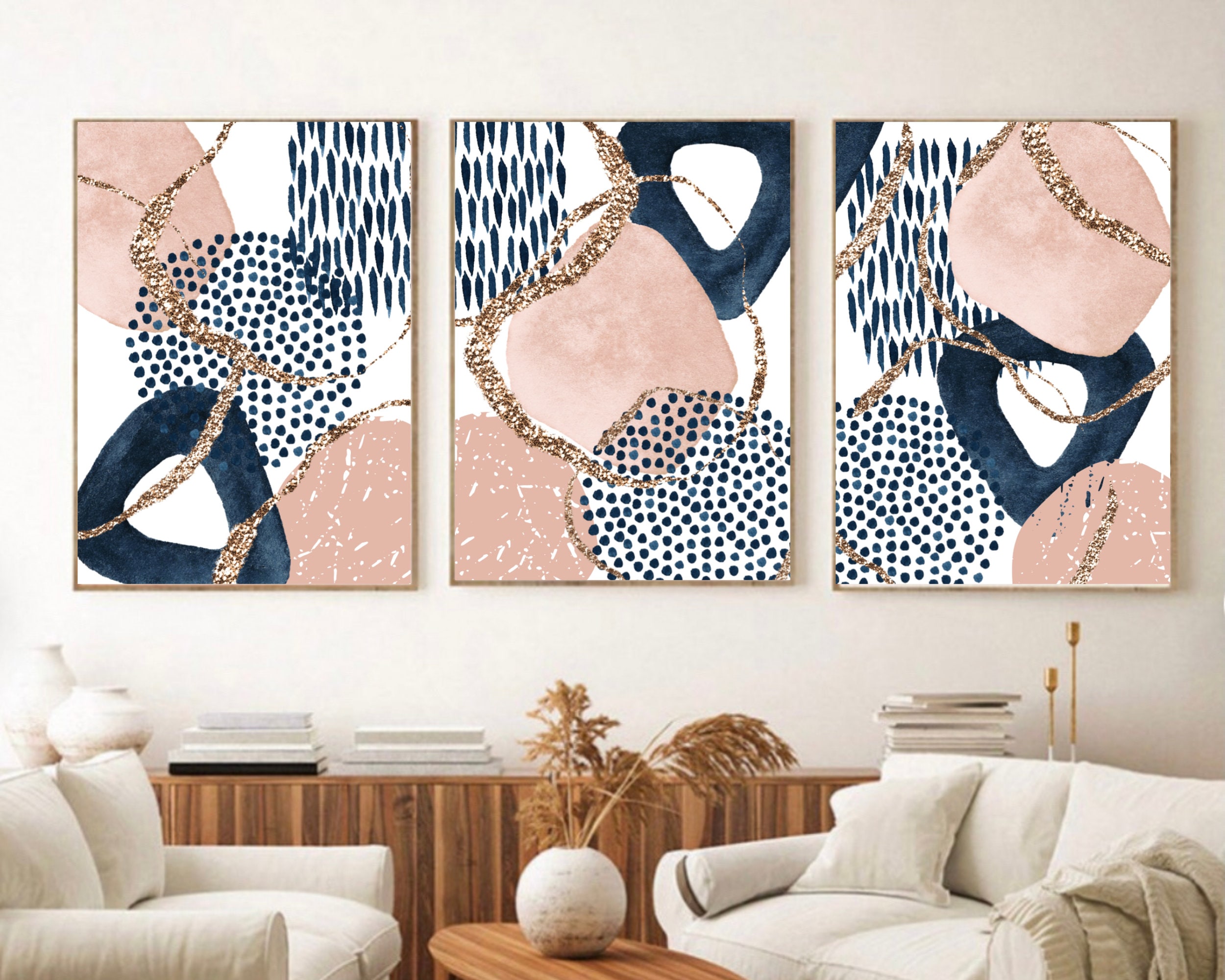 Abstract Wall Art Pink Navy Gold Watercolour Shapes Printable - Etsy UK