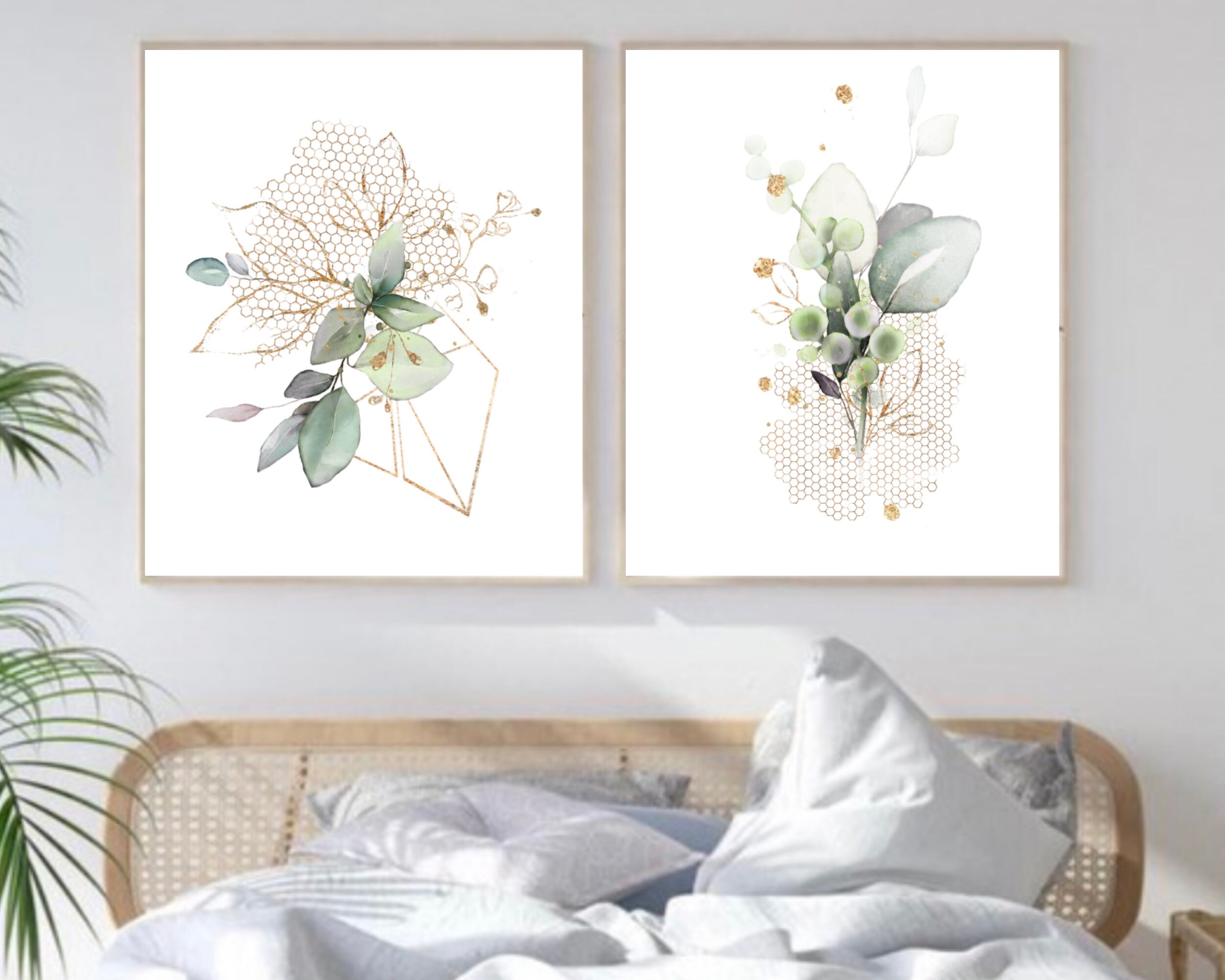 Botanical Print Set, Botanical Abstract Wall Art Set of 2, Green Gold ...
