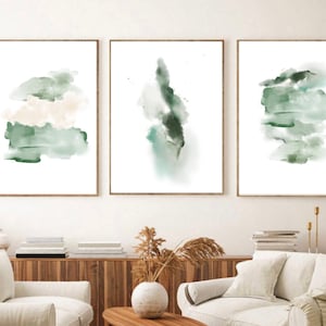 Green Abstract Prints, Watercolor Abstract Printable Wall Art Set of 3, Green Modern Minimalist Artwork, Hallway Print, Living Room Decor