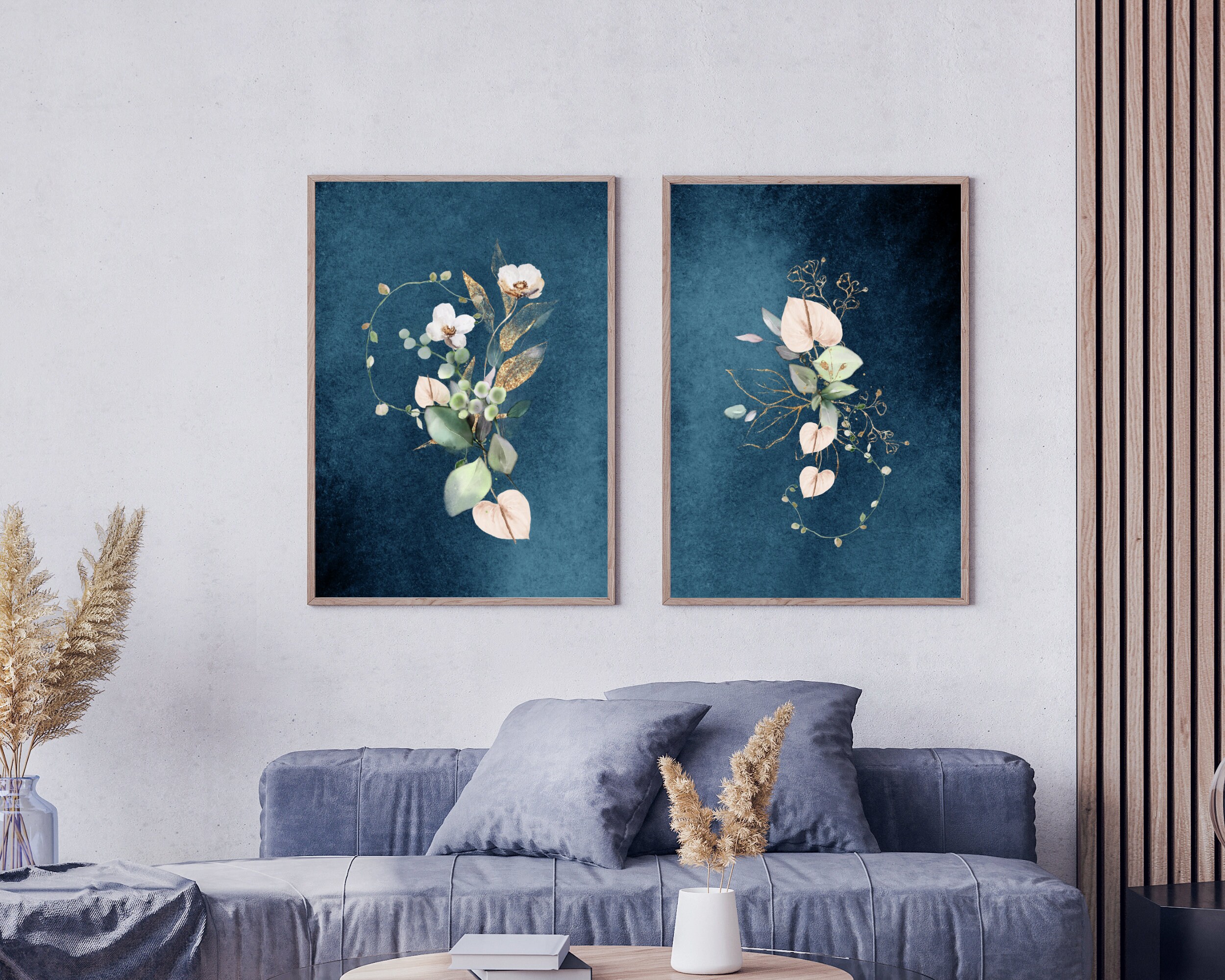 Abstract Wall Art, Blue Botanical Print Set of 2, Navy Blue Floral Wall ...