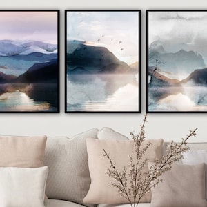 Set of 3 Abstract Landscape Prints, Nordic Watercolour Printable Wall Art, Minimalist Living Room Wall Decor, Scenic Hallway Print Set.