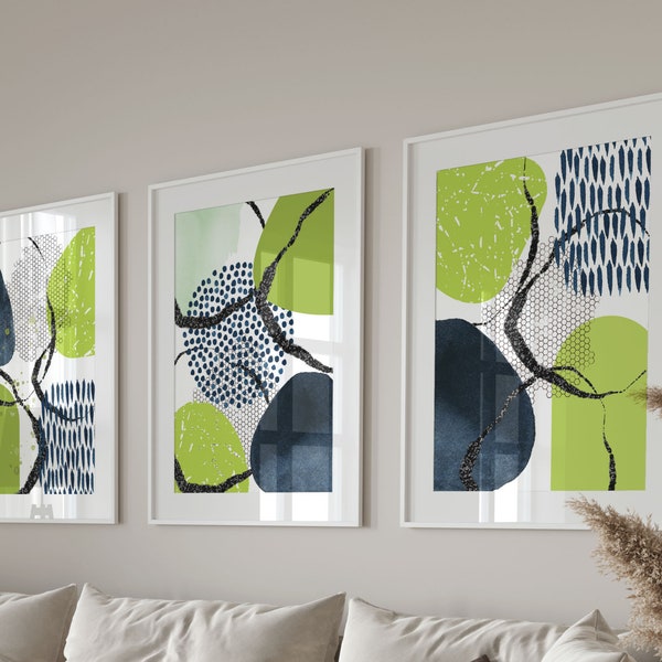 Impressions abstraites, bleu marine, noir, vert lime Art formes imprimable Wall Art Set de 3, décoration murale de salon neutre, oeuvre de bureau à domicile