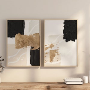 Abstract Wall Art, Buff Black Gold Minimalist Shapes, 2 Piece Printable Wall Art, Modern Geometric Hallway Prints, Living Room Wall Decor