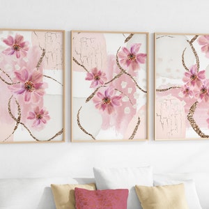 Pink Wall Art Botanical Print Set of 3 Modern Pink Prints Minimalist Living Room Wall Decor Blush Pink Floral Abstract Hallway Poster