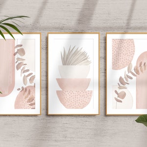 Abstract Wall Art, Boho Printable Wall Art, Neutral Pink Set of 3 Prints, Modern Living Room Wall Decor, Boho Hallway Print