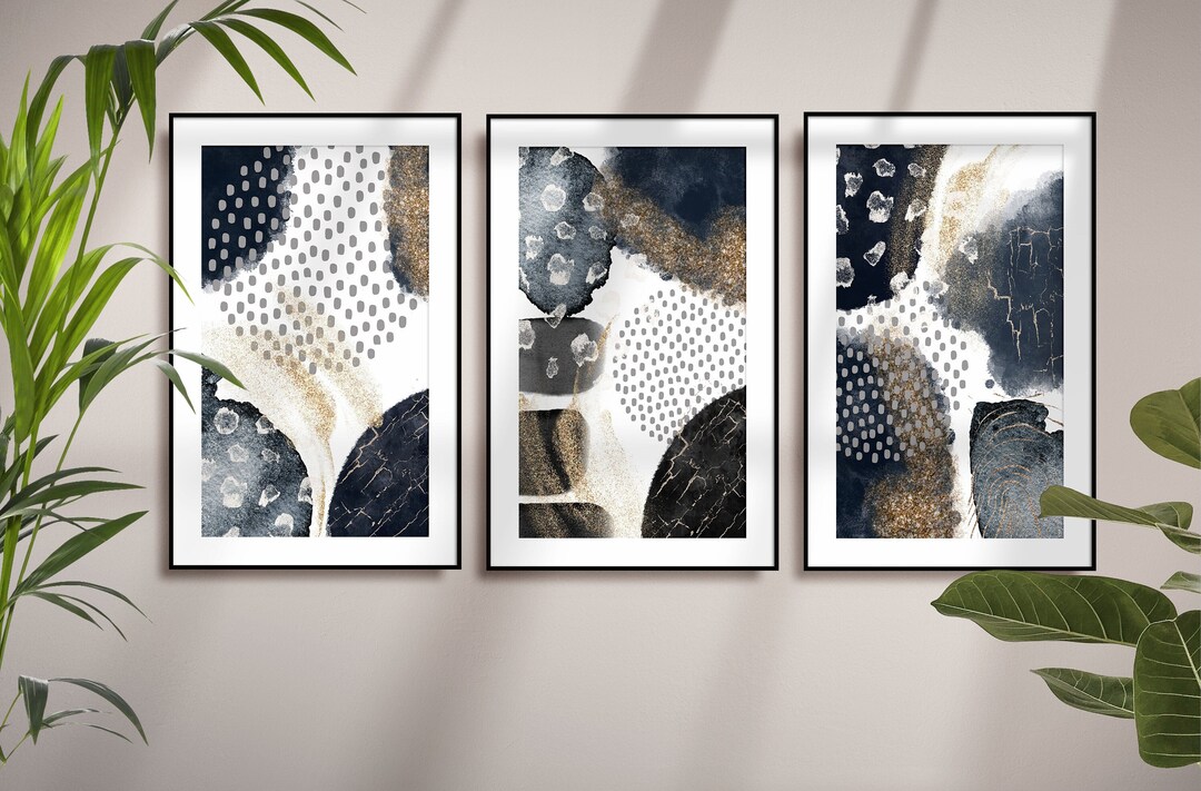 Abstract Wall Art Black Grey Gold Watercolour Shapes Etsy
