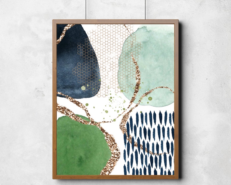 Abstract Wall Art, Green and Navy Abstract Print Set of 3, Watercolour ...