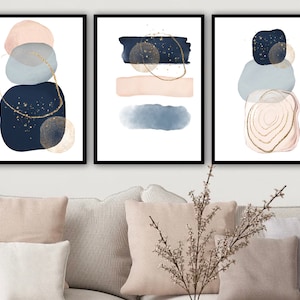 Abstract Printable Wall Art, Set of 3 Contemporary Wall Art, Bohemian Wall Art, Grey, Gold, Pink, Navy Blue Brush Strokes Modern Home Decor.