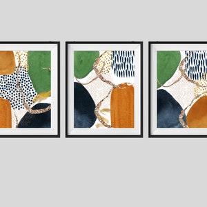 Abstract Wall Art, Watercolour Shapes Printable Wall Art, Blue Green Orange Set of 3 Prints, Geometric Hallway Print Set, Living Room Decor