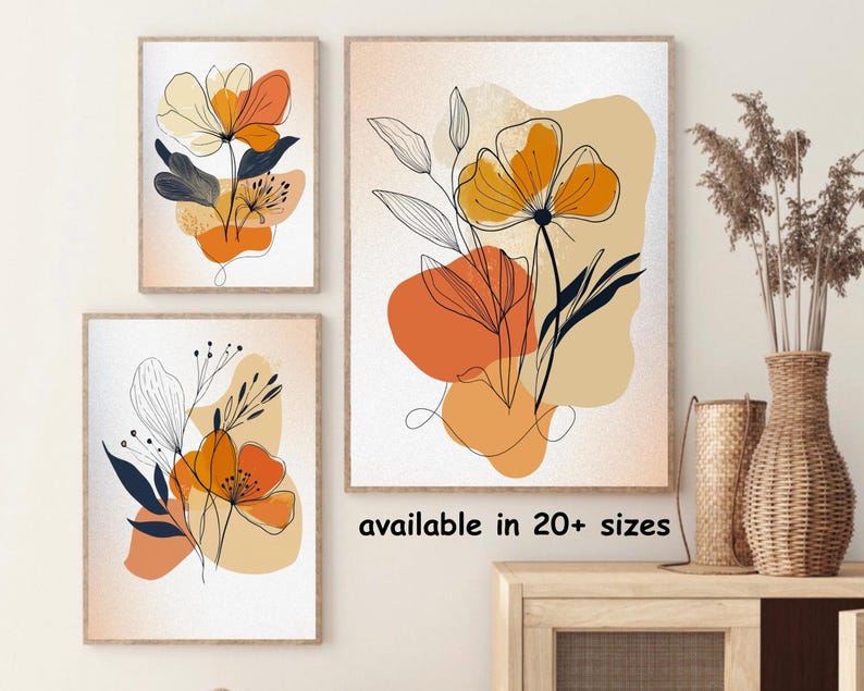 Orange Botanical Print Set, 3 Piece Wall Art, Printable Wall Art ...