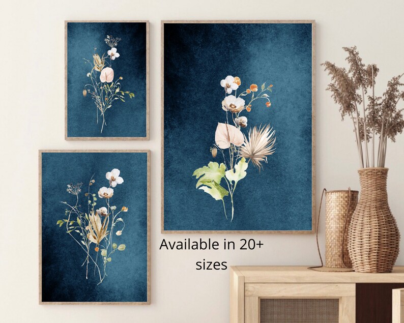 Abstract Wall Art, Blue Botanical Print Set of 3, Navy Blue Floral Wall ...