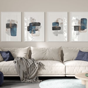 Abstract Art Prints, Black Grey Blue Gold Printable Wall Art, Block Colour Brush Strokes, Gallery Wall Set of 4