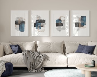 Abstrakte Kunst, Schwarz Grau Blau Gold druckbare Kunst, Block Farbe Pinselstriche, Galeriewand 4er Set