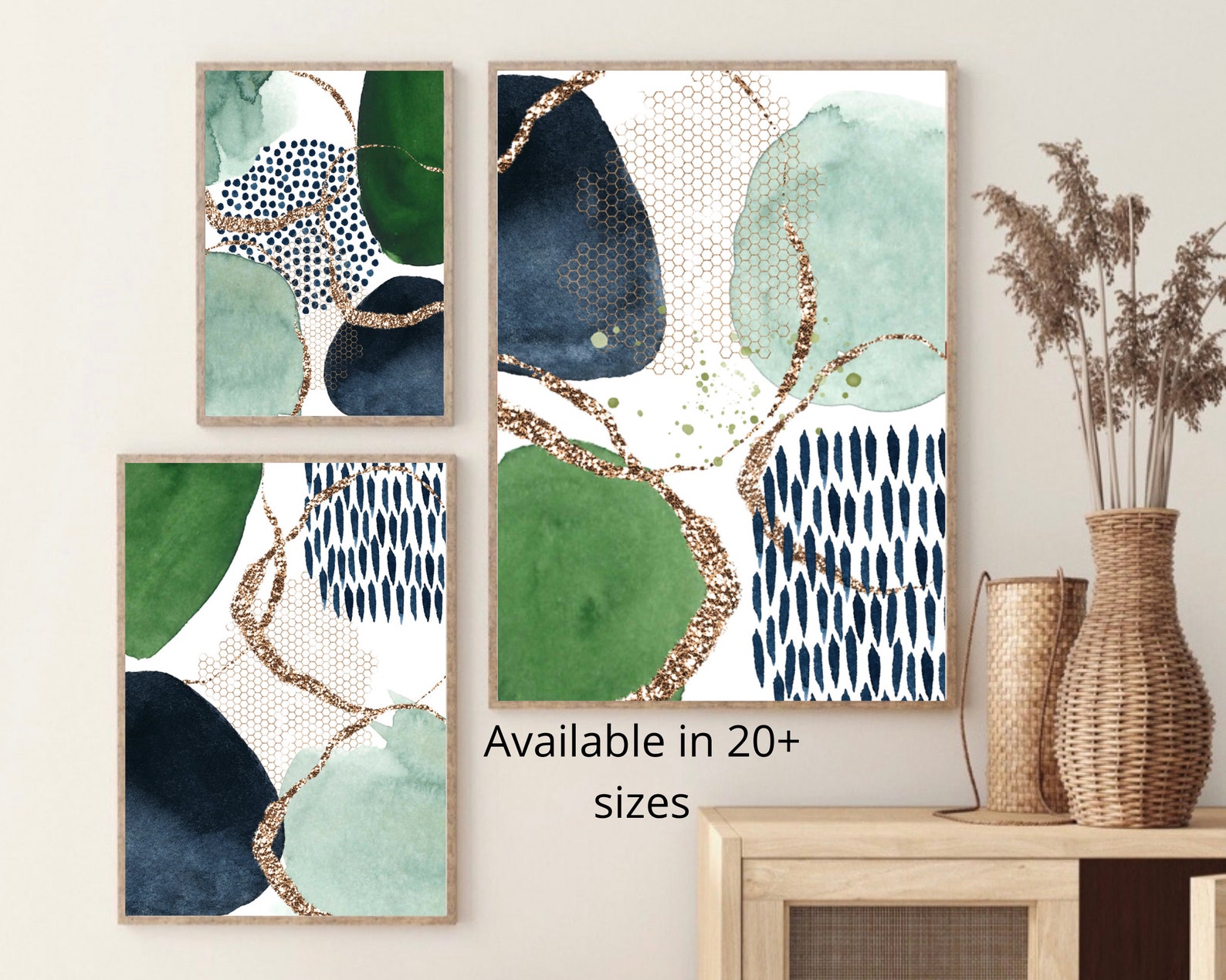 Abstract Wall Art, Green and Navy Abstract Print Set of 3, Watercolour ...