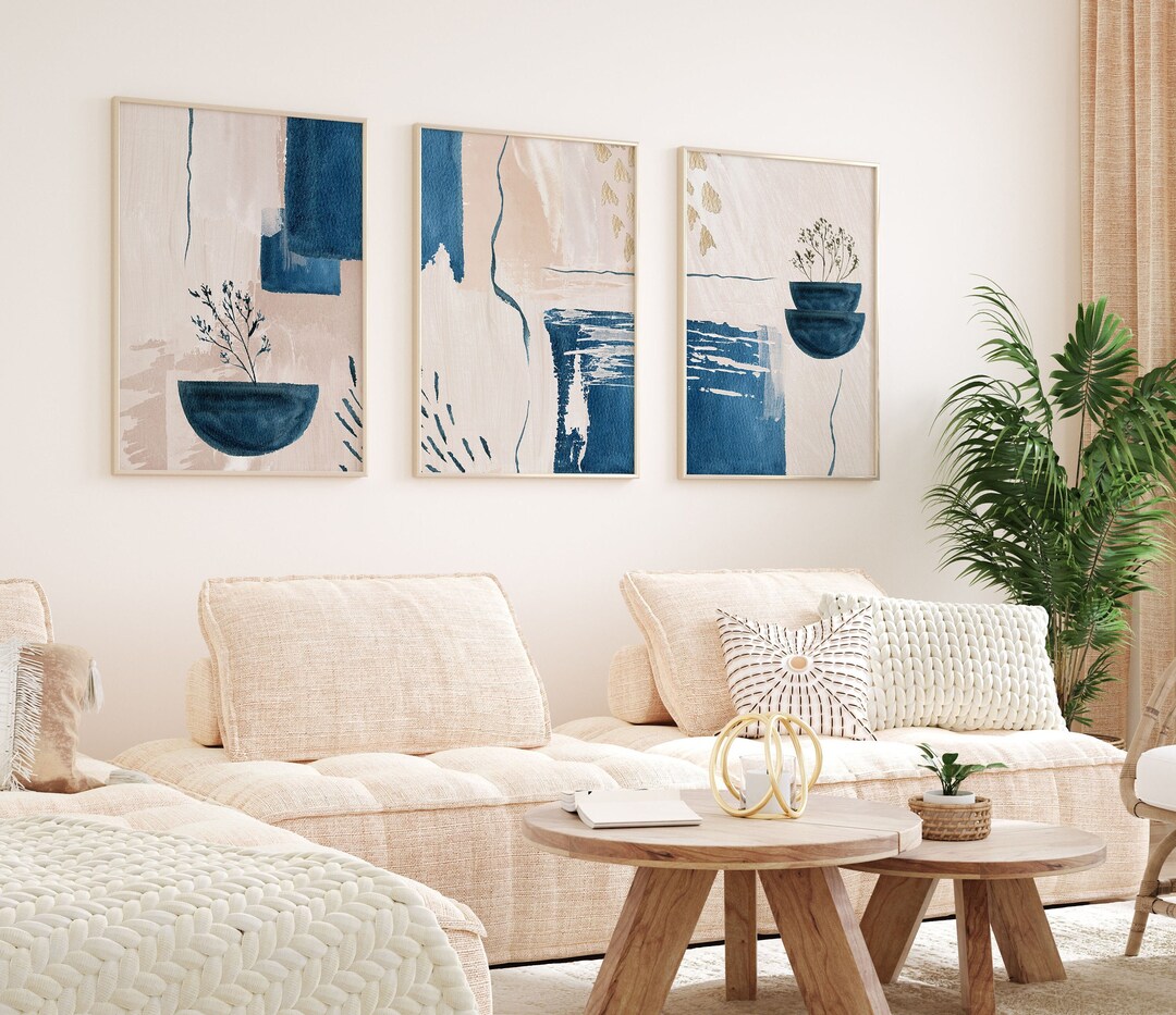 Blue Abstract Wall Art, Blue and Beige Watercolour Shapes Printable ...