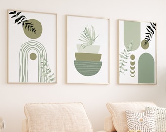 Sage Green Print Set, Boho Printable Wall Art, Olive Green Set of 3, Modern Minimalist Living Room Decor, Geometric Shapes Hallway Print